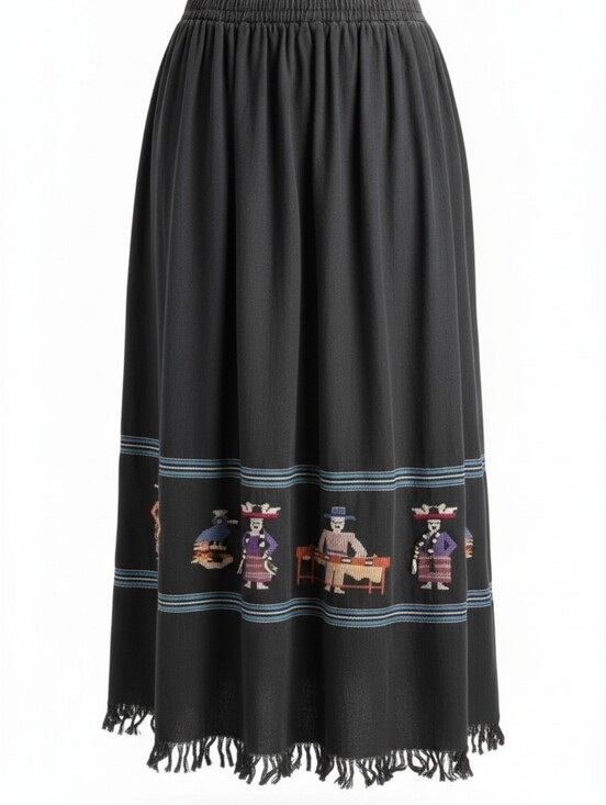 Vintage Dresses & Skirts - Womens Vintage Black  Native Embroidered Fringe Midi Skirt